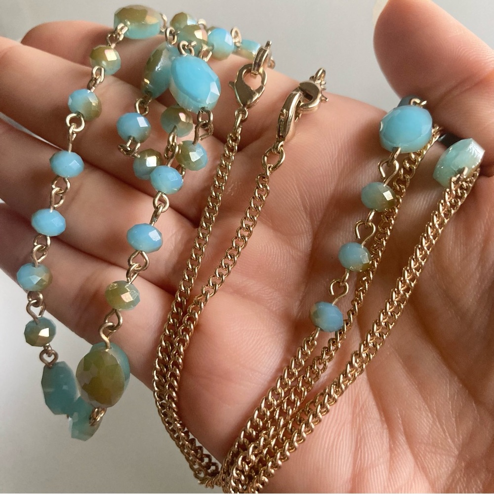 2 Gold tone-Accent Aqua Beaded Long preloved Necklace - Picture 5 of 8